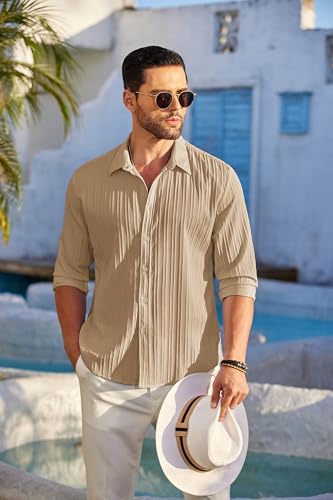 Deelmo MenS Casual Button Down Shirts Long Sleeve Linen Shirt Fashion Textured Beach Summer Shirt