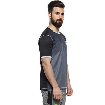 Campus Sutra Mens Charcoal Grey Geometric Activewear T-Shirt for Casual Wear | Crew Neck | Short Sleeve | Pull On Closure | Pol