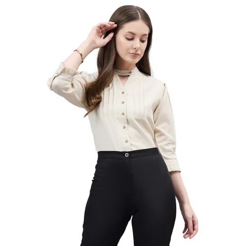 Style Quotient Women Solid Beige Linen Puff Sleeve Rrgular Formal Shirt