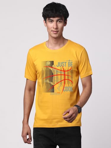 ADRO Men's Graphic Printed 100% Cotton T-Shirt - Regular Fit, Printed T-Shirts for Men (RN24-BCL-MU_Mustard)