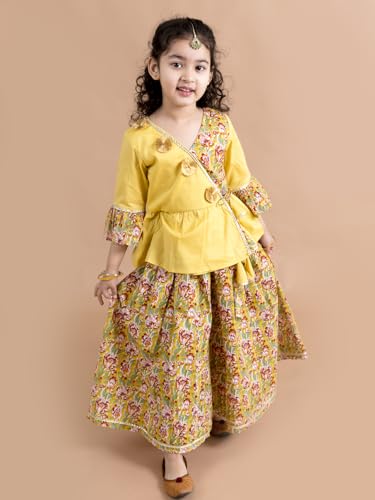 Pspeaches Girls Mustard Yellow Floral Printed Angrakha Pure Cotton Kurti With Palazzos