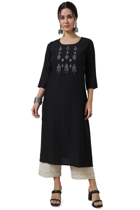 Soch Womens Black Viscose Blend Yoke Embroidered Kurta with Beads