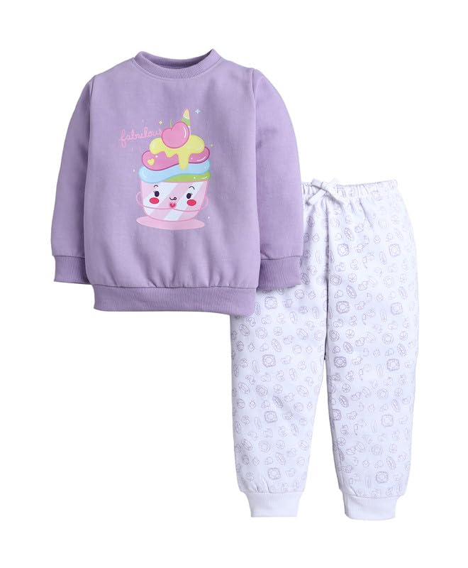 Bumzee Girls Lavender & White Spun Fleece Full Sleeves Animal Print Regular Fit Sweatshirt & Jogger Set - 6-12 Months (Peb11096C