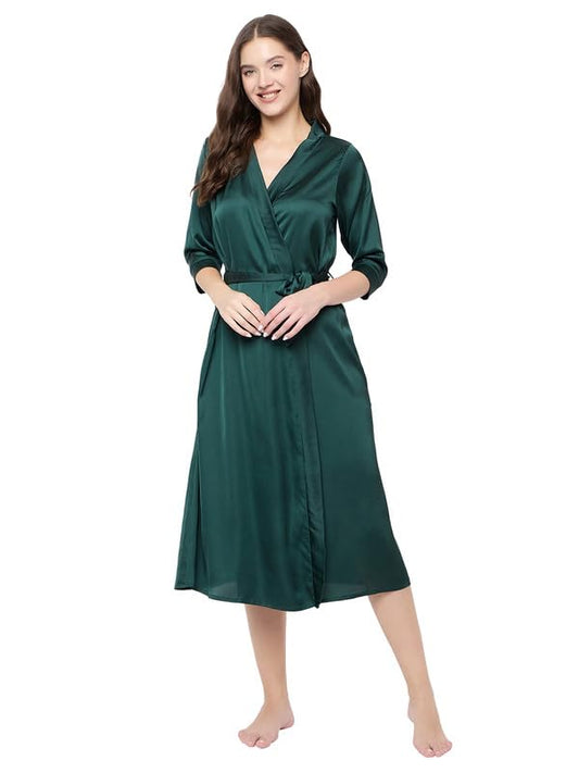 Clovia Womens Satin Solid Robe (NS6462O17_Green_S)