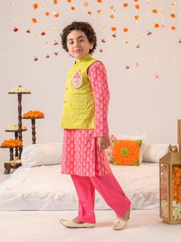 Pspeaches Boys Ethnic Motifs Printed Pure Cotton Kurta With Pyjamas Nahru Jacket