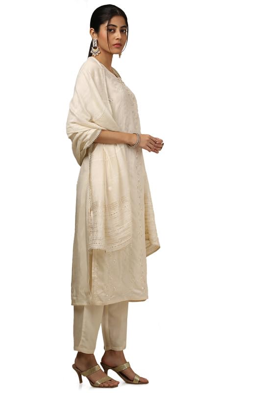 Soch Womens Off White Viscose Embroidered Suit Set With Sequins