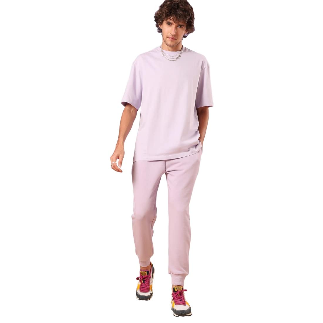 Bewakoof Mens Never Give Up! Typography 100% Cotton T-Shirt- Oversized Fit, Round Neck, Half Sleeve Purple