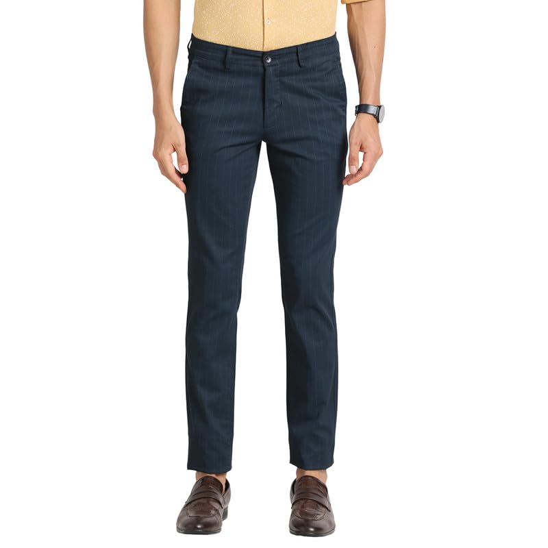 Turtle Men Cotton Stretch Navy Blue Striped Narrow Fit Flat Front Casual Trouser