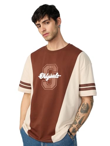 The Souled Store Colourblock T-Shirt: Savanna Men And Boys Short Sleeves Round Neck Brown And Off White Cotton Oversized T-Shirt