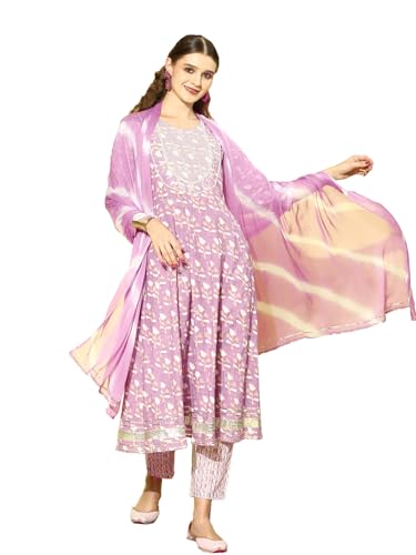 Stylum Women's Printed Cotton Anarkali Kurta Pant Dupatta Set (KPDSRIJA_Lavender)