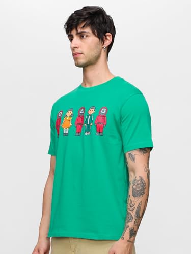 The Souled Store Squid Game: Lets Play Men and Boys Short Sleeves Round Neck Green Graphic Printed Regular Fit Cotton T-Shirts