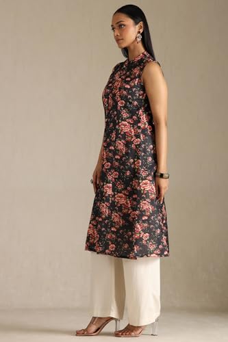 Soch Womens Black Linen Floral Print Kurta with Thread Work