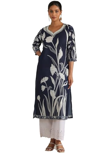 Soch Womens Navy Blue Muslin Botanical Print Kurta with Thread Work