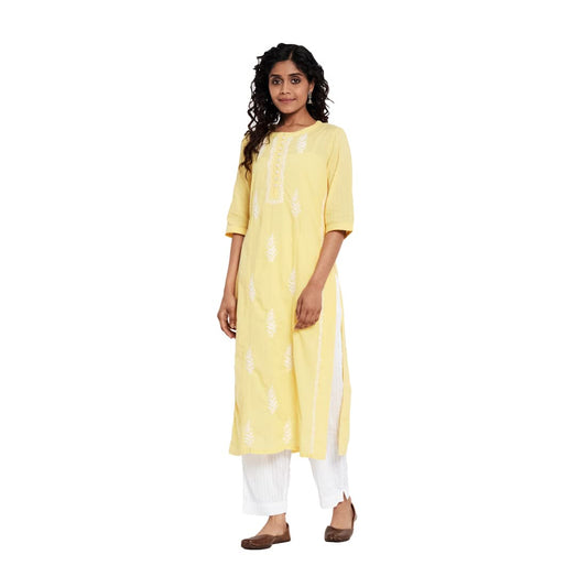 Fabindia Women Cambric Chikankari Slim Fit Long Kurta Cotton_White