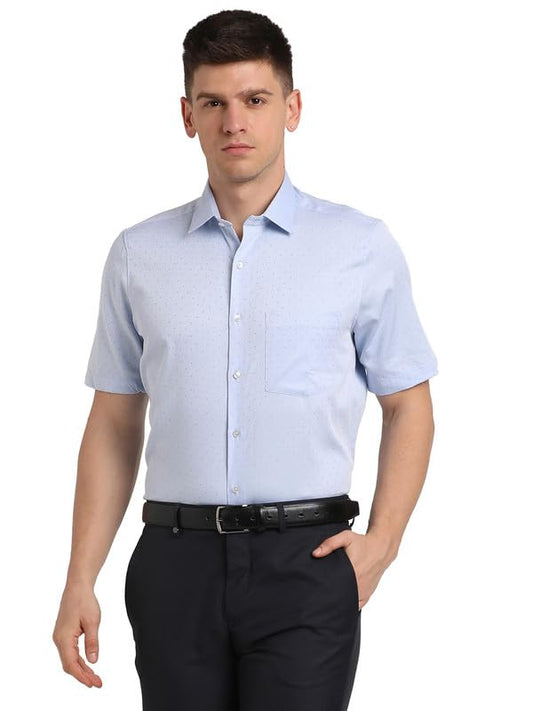 Turtle Men 100% Cotton Light Blue Self Design Regular fit Halfl Sleeve Formal Shirt