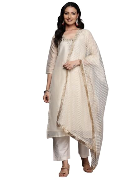 Varanga Women Off White Zari Embroidered And Sequinned Kurta Set With Dupatta