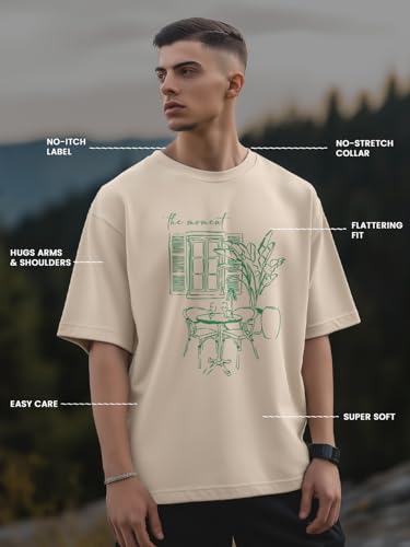 Nobero MenS Graphic Print Oversized Fit T-Shirt (1M-Twrt-C1005-Bs_The Moment-Sand