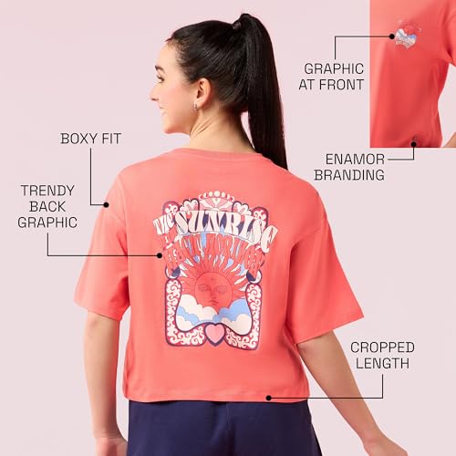 Enamor Womens Graphic Oversized Fit T-Shirt (E3G5_Coralpink Sunrise