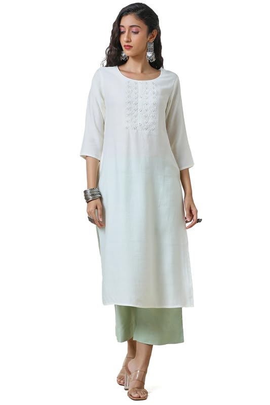 Soch Womens Off White Beaded Yoke Design Viscose Blend Kurta