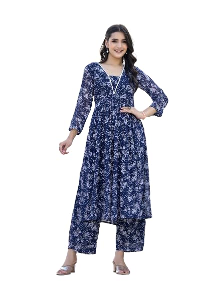 Varanga Women Navy Blue Allover Floral Printed Pleated Empire Kurta Paired With Tonal Bottom