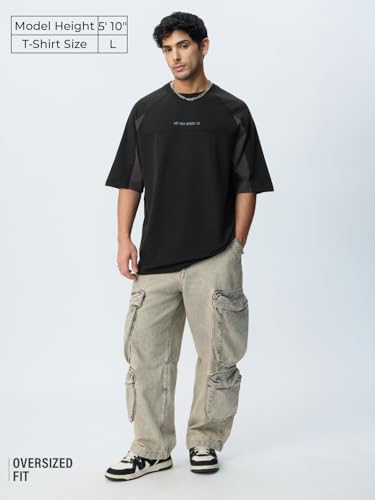 The Souled Store Colourblock: Not Your Average Tee Men and Boys Short Sleeves Round Neck Black Colour-Block Cotton Comfortable L