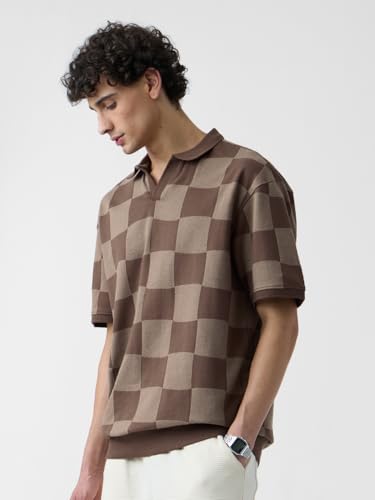 The Souled Store Jacquard: Old School Brown Men and Boys Short Sleeves Collared Neck Cotton Oversized Polos