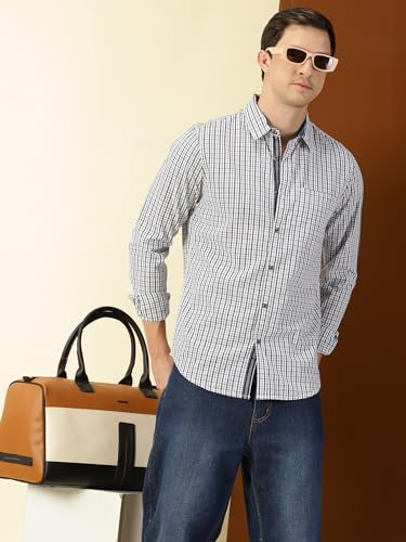 Thomas Scott Mens 100% Cotton Slim Fit Full Sleeves Spread Collar Solid Casual Shirt Navy Blue