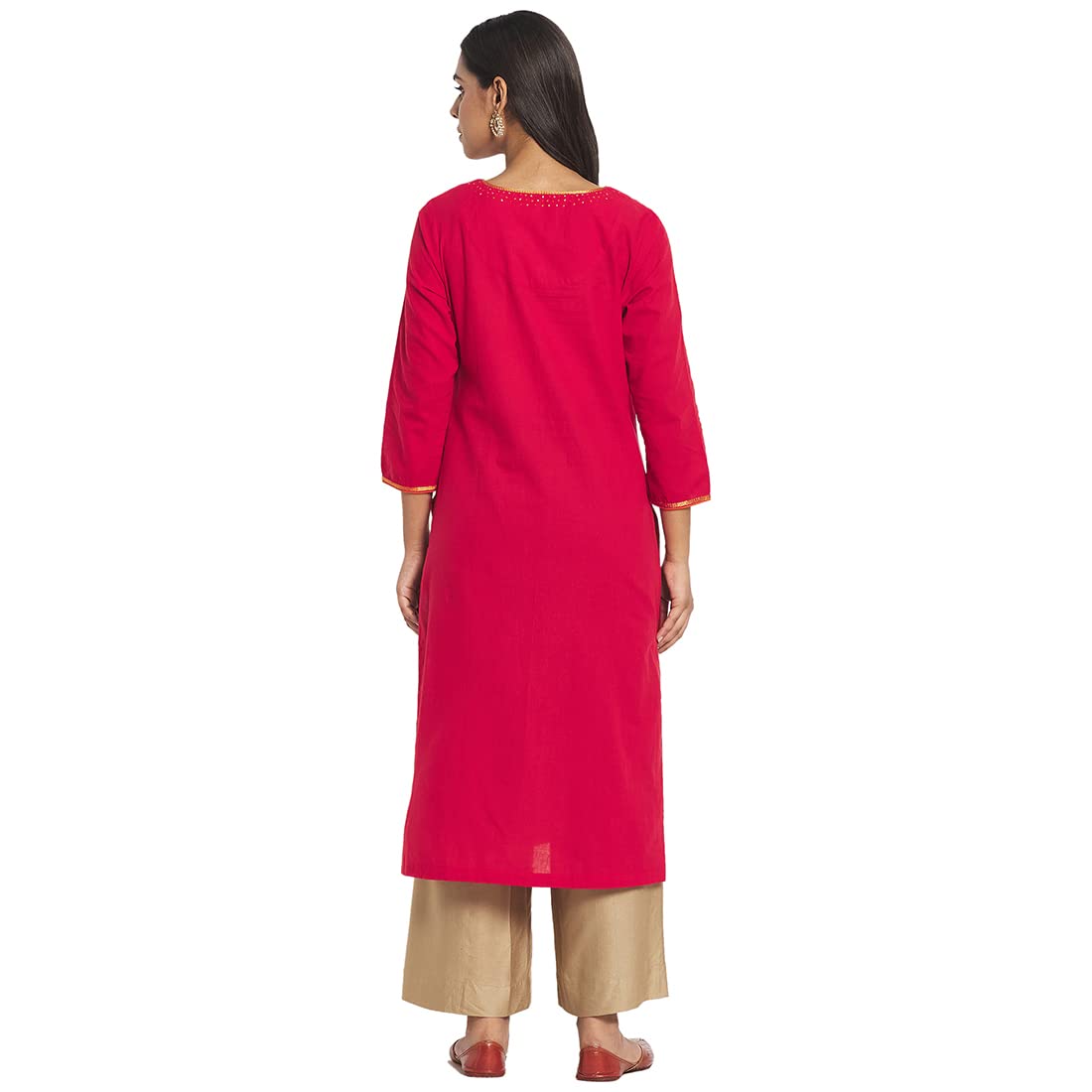 Fabindia Women Cotton Embroidered Long Kurta Red