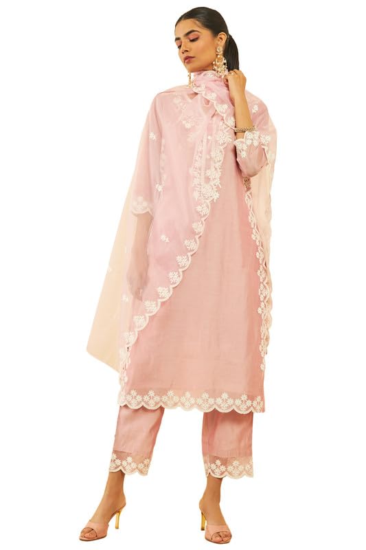 Soch Womens Blush Pink Chanderi Embroidered Suit Set With Scalping