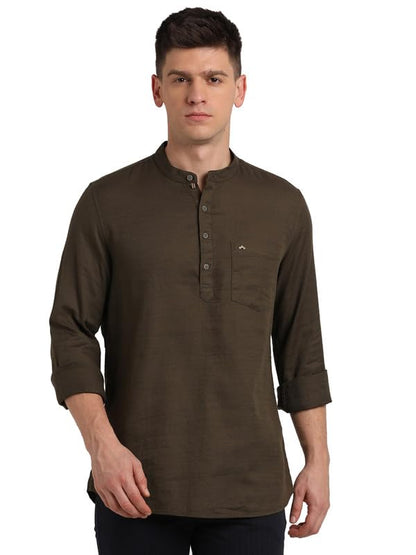 Turtle Men 100% Cotton Slim Fit Solid Casual Brown Kurta Shirt