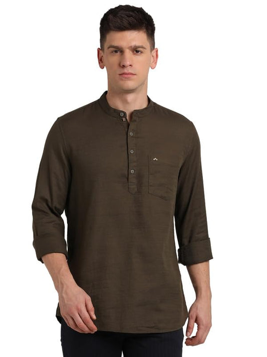 Turtle Men 100% Cotton Slim Fit Solid Casual Brown Kurta Shirt