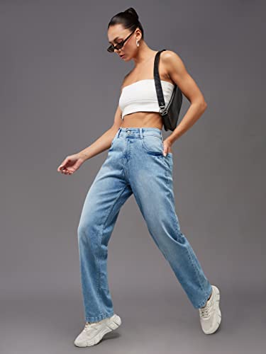 Miss Chase WomenS Light Blue Wide-Leg Fit High Rise Regular Length Stretchable Denim Jeans