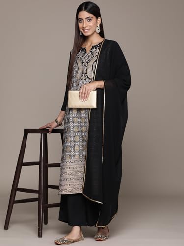 ZIYAA Women's Black Crepe Straight Kurta, Palazzo and Dupatta Set