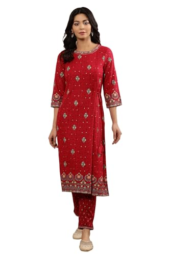 W Women Pink Festive Floral Print Viscose Straight Kurta set with Slim Pant