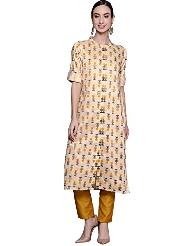 ZIYAA Women's Off White Chinon Straight Kurta And Pant Set(ZIKUCH3861ANDPA)