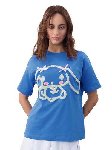The Souled Store Hello Kitty Cinnamoroll: Women and Girls Short Sleeves Round Neck Blue Cotton Lightweight Streetwear Toweling E