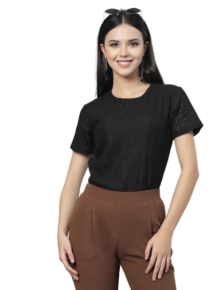 Style Quotient Women Black Self Design Cotton Lace Regular Smart Casual Top