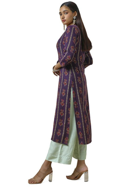 Soch Womens Purple Rayon Foil Print Kurta with Tassels