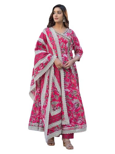 Varanga Women Ethnic Jaipuri Floral Printed Angrakha Anarkali Kurta With Trouser & Dupatta