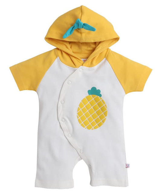 Bumzee White & Yellow Boys Half Sleeves Thigh Length Hooded Romper Age - 9-12 Months