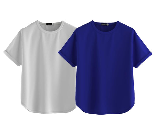Juneberry Pure 100% Cotton Oversized Loose Baggy Fit Round Neck With Drop Shoulder White & Royal Blue Half Sleeves Boyfriend T-S
