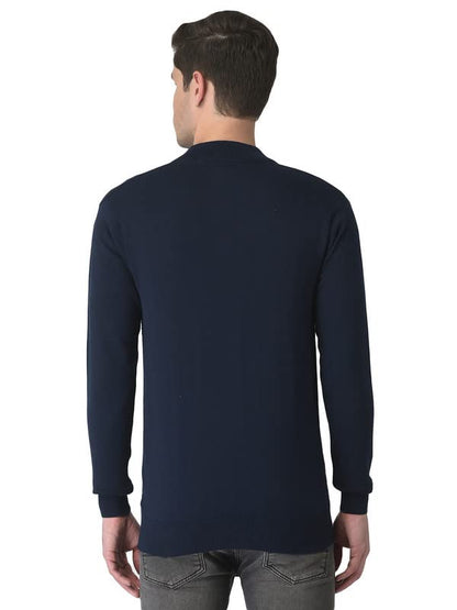 Turtle Men Navy Blue Self Design Front Open Neck Pullover
