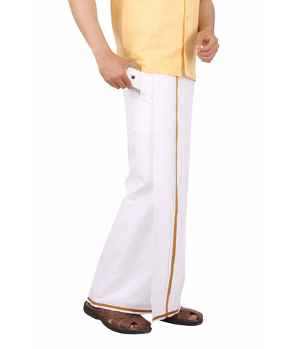 Prakasam Cotton -White Readymade Pocket Dhoti For Mens/Fine Quality White Readymade Dhoties For Mens- Gold Border