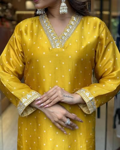 LookMark Womens Silk Blend Table Print Kurta Pant Set with Mal Cotton Digital Print Dupatta and Embroidery Work Suitable for Ev
