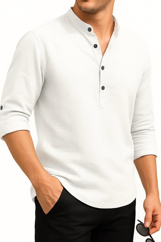 Deelmo MenS Cotton Blend Solid Regular Fit Full Sleeve Short Kurta | MenS Trendy Short Kurta White