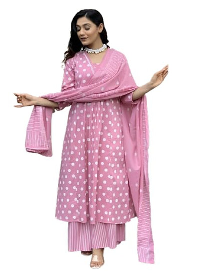 Pinkmint Polka Dot Printed Anarkali Muslin Kurta Set with Striped Palazzo & Dupatta Set for Women Elgant Festive & Casual wear P