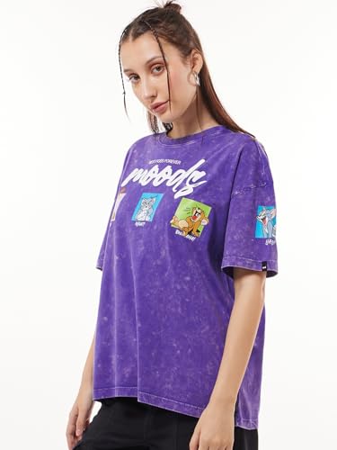 Bewakoof Official Tom & Jerry Merchandise Womens Graphic Print Oversized Fit Half Sleeve Round Neck Cotton Jersey Acid Wash T-S