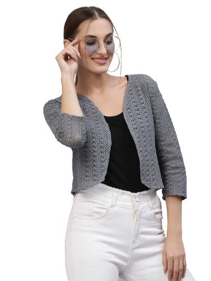 Style Quotient Women Grey Cotton self Design lace Crop Open Front Shrug