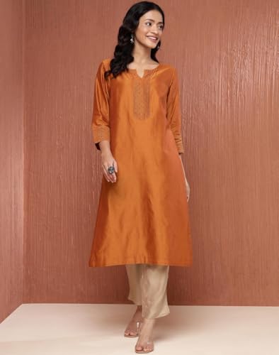 Fabindia WomenS Cotton Silk Embroidered Regular Fit Kurta (1039080Rust_Rust