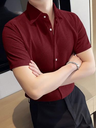 Greciilooks Solid For Casual Stylish Waffle Regular Fit | Men Formal Half Sleeve Shirt (Gl-Ms-6237_Maroon